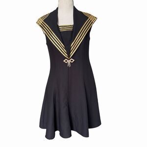 VTG 1980s Michel USA Black Sailor Collar Gold Trim Rhinestone Fit Flare Dress S